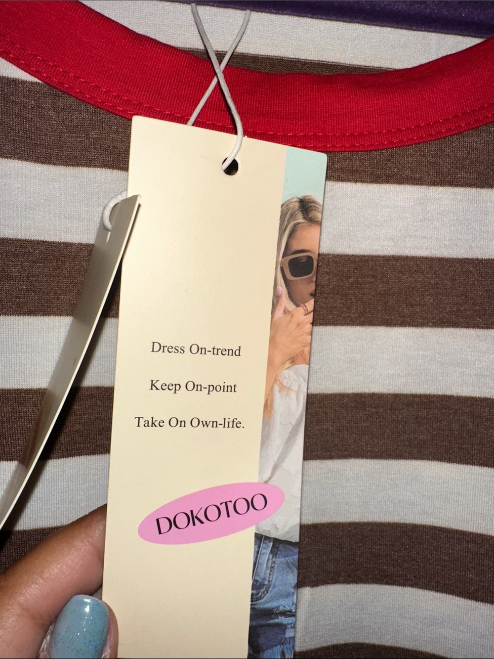 Women's Brown and White Striped Short Sleeve Tee with Red Trim - Picture 7 of 9